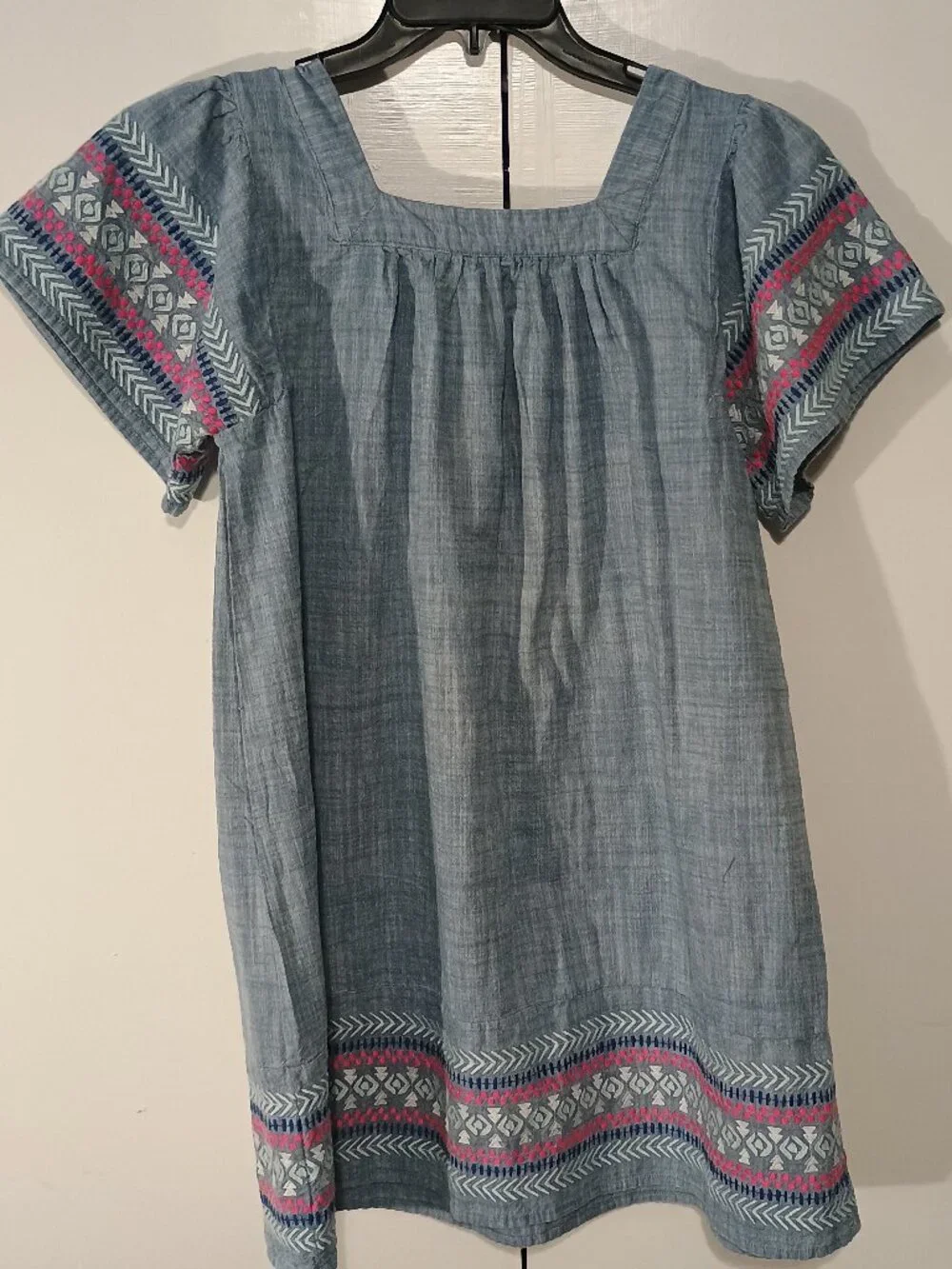 Girls XL 14/16 Chambray Embroidered Peasant Dress Blue Boho Cotton Short Sleeve